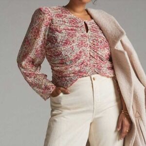 Anthropologie NEW Let Me Be Ruched Pink Floral Puff Sleeve Blouse SZ 1X Coquette